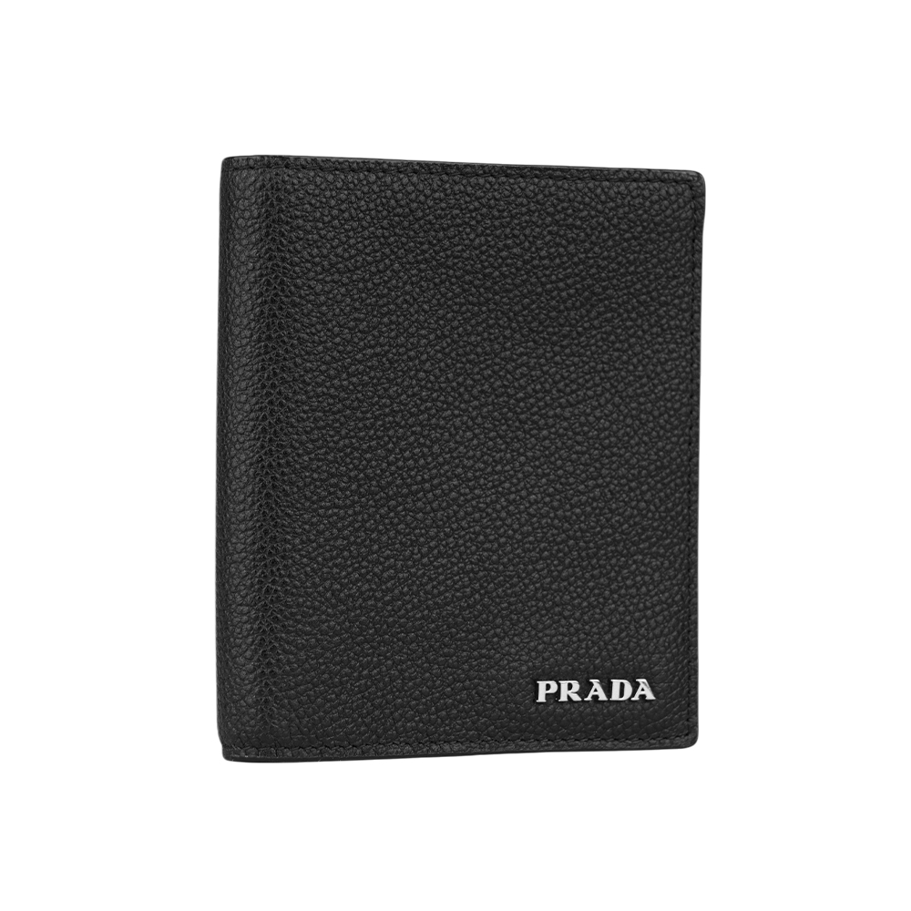 【PRADA】銀字Logo 粒紋皮革短版對開8卡短夾(黑色) 2MO004 2CGS F0002