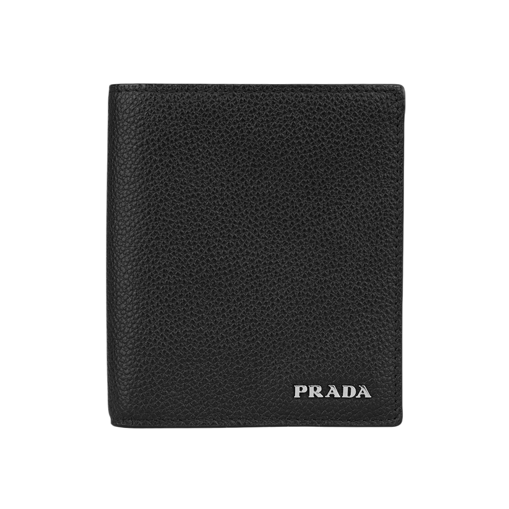 【PRADA】銀字Logo 粒紋皮革短版對開8卡短夾(黑色) 2MO004 2CGS F0002