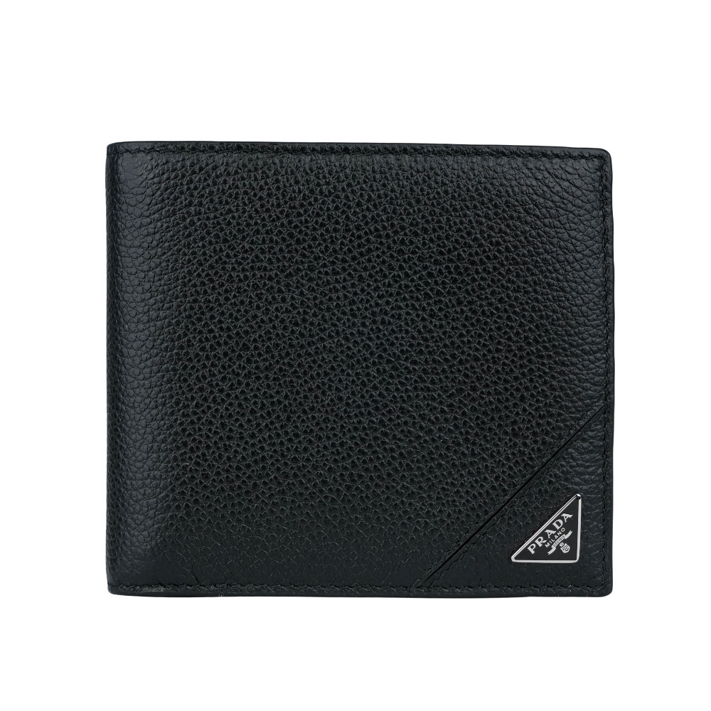 【PRADA】銀字三角牌Logo 粒紋皮革對開多卡層短夾