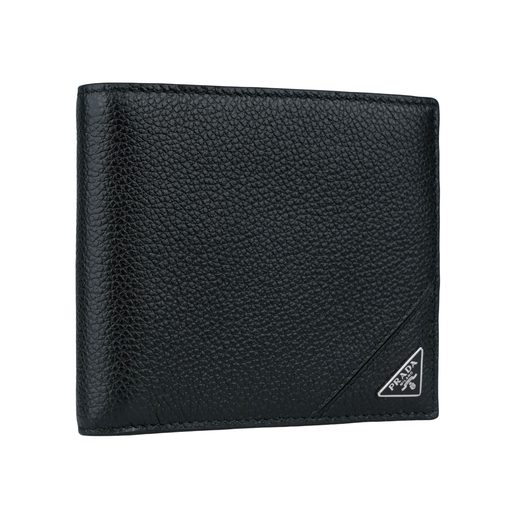 【PRADA】銀字三角牌Logo 粒紋皮革對開多卡層短夾