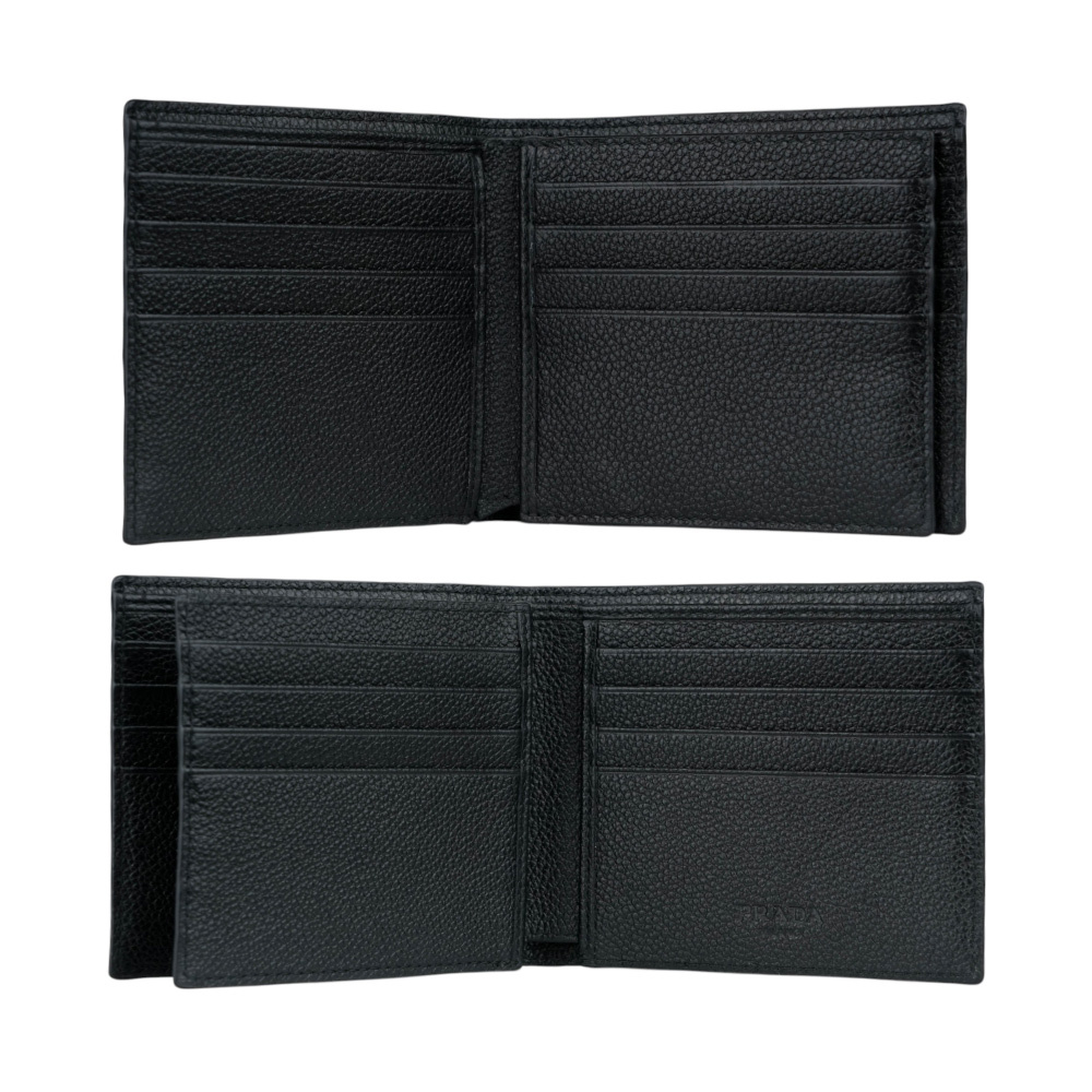 【PRADA】銀字三角牌Logo 粒紋皮革對開多卡層短夾(黑色) 2MO100 2CB2 F0002