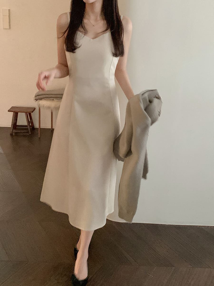 韓國Cherrykoko授權 溫柔百搭細肩傘擺後綁帶洋裝