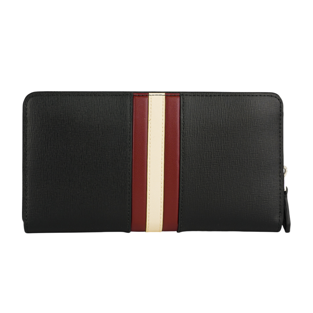 【BALLY】Mythos 紅白條紋再生牛皮ㄇ形拉鍊長夾(黑色) 6308575