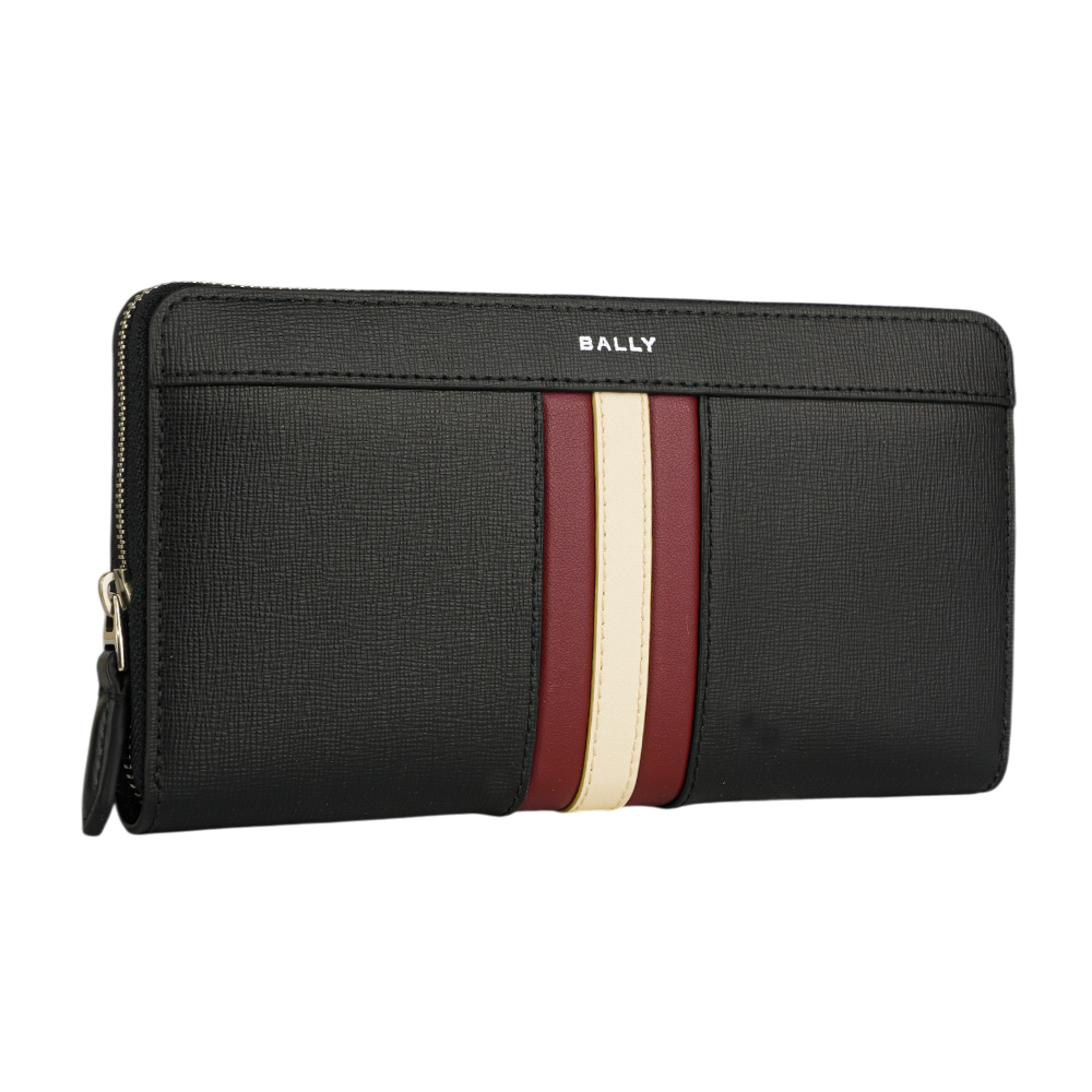 【BALLY】Mythos 紅白條紋再生牛皮ㄇ形拉鍊長夾(黑色) 6308575