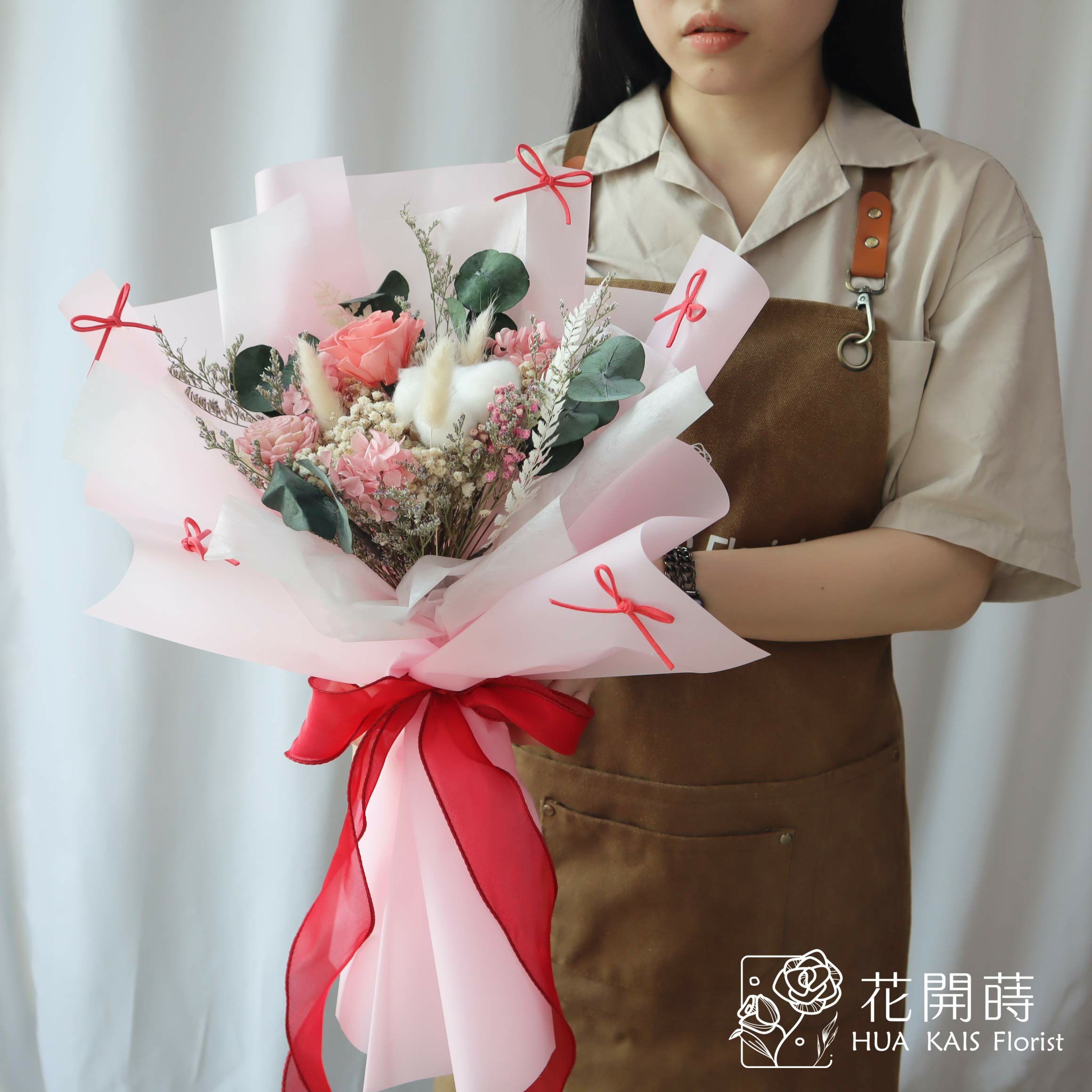 永生花束|粉色蝴蝶結(L)|大型花束|永生花|情人節花束|畢業花束|母親節花束