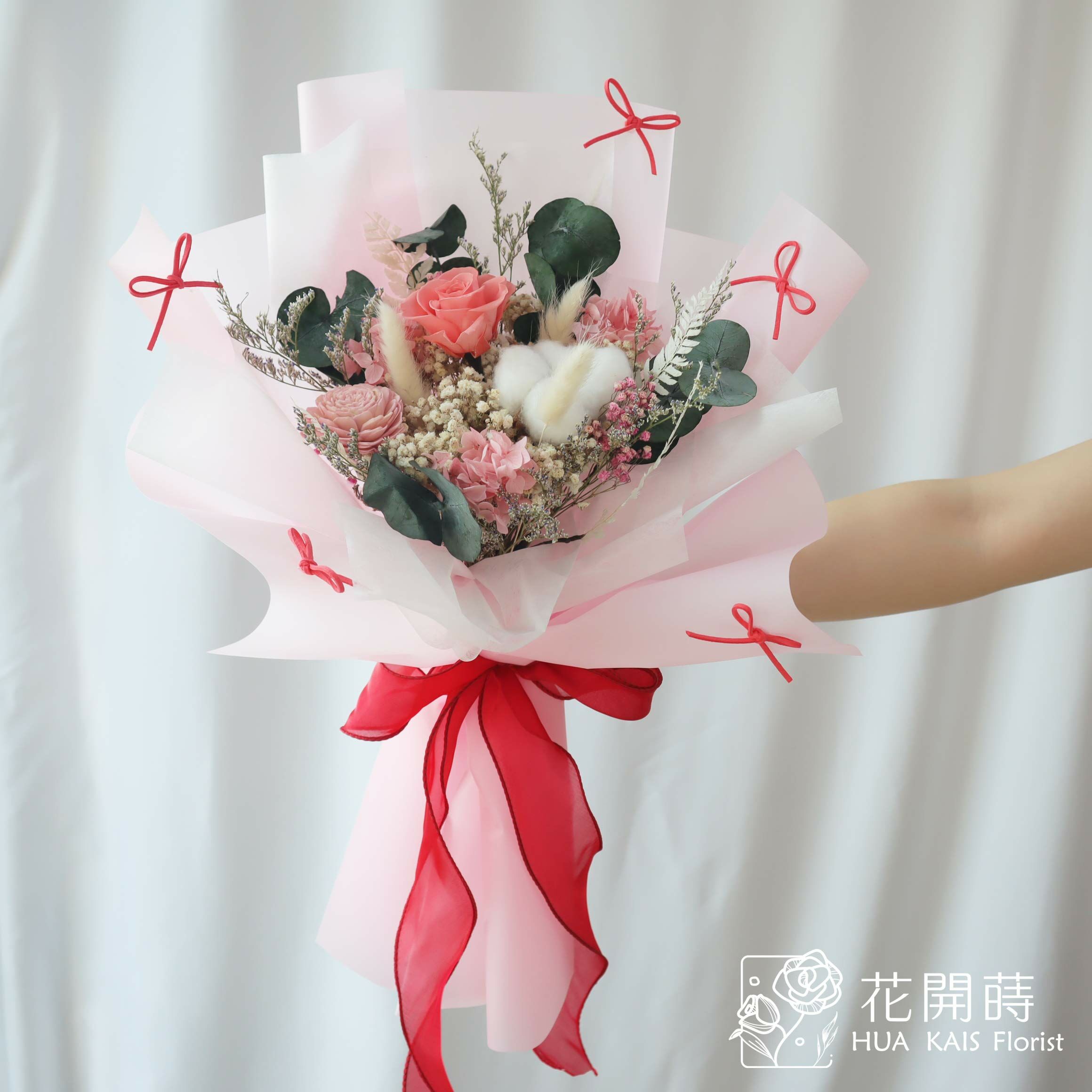 永生花束|粉色蝴蝶結(L)|大型花束|永生花|情人節花束|畢業花束|母親節花束