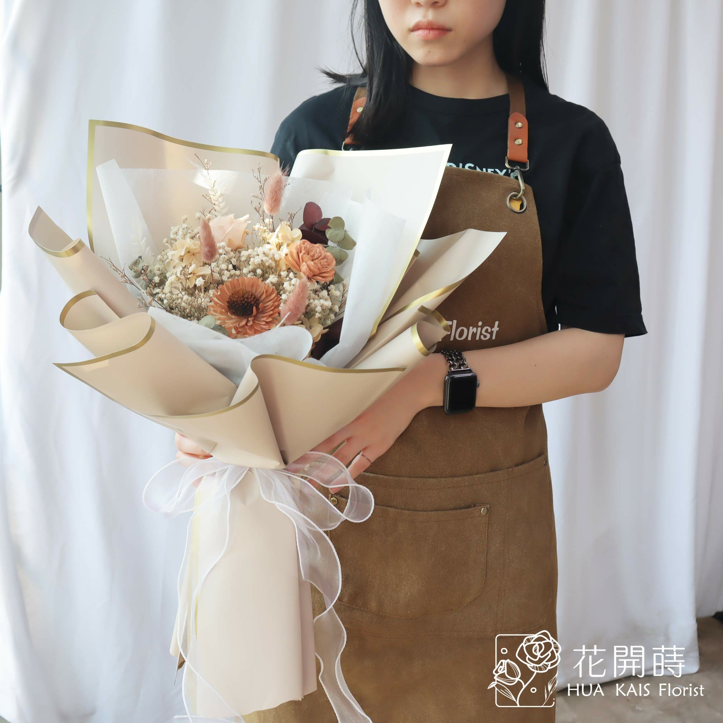 永生花束|奢華奶茶太陽花束(L)|大型花束|永生花|情人節花束|畢業花束|母親節花束