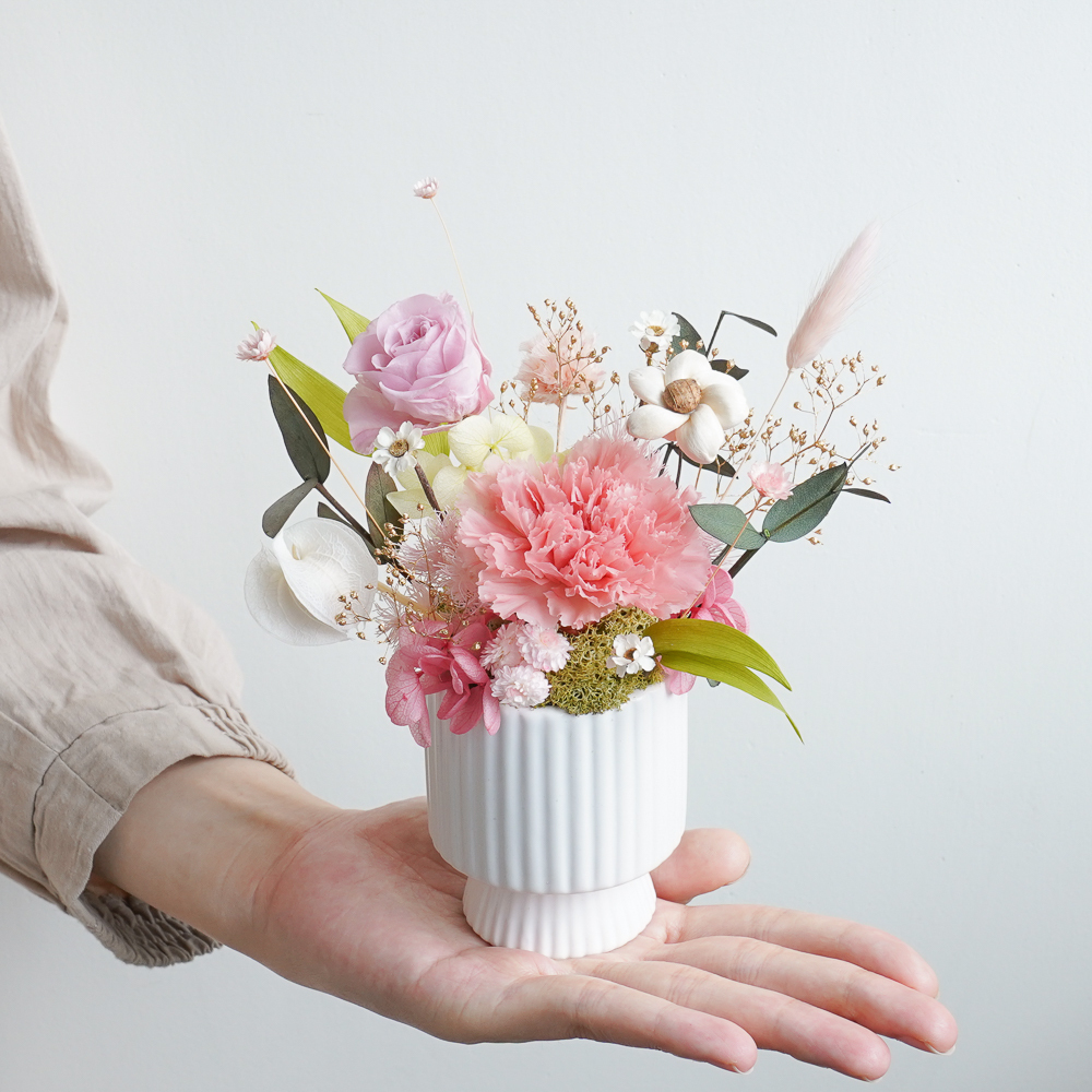 粉色康乃馨盆花,永生花母親節康乃馨盆花推薦,粉色康乃馨母親節盆栽盆花推薦,粉色康乃馨永生花作品,喜歡生活乾燥花店,手拿