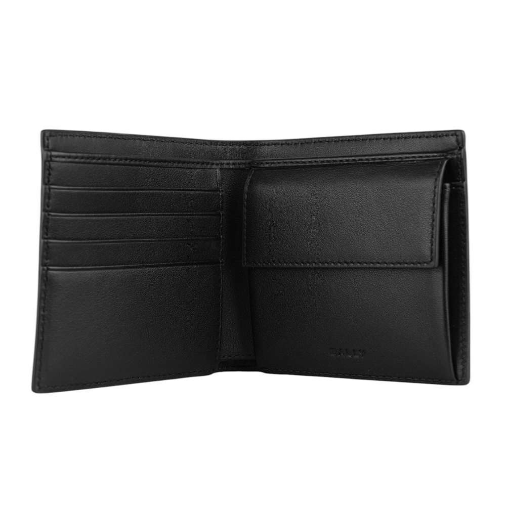 【BALLY】Mythos 紅白條紋再生牛皮對開零錢袋短夾(黑色) 6308579