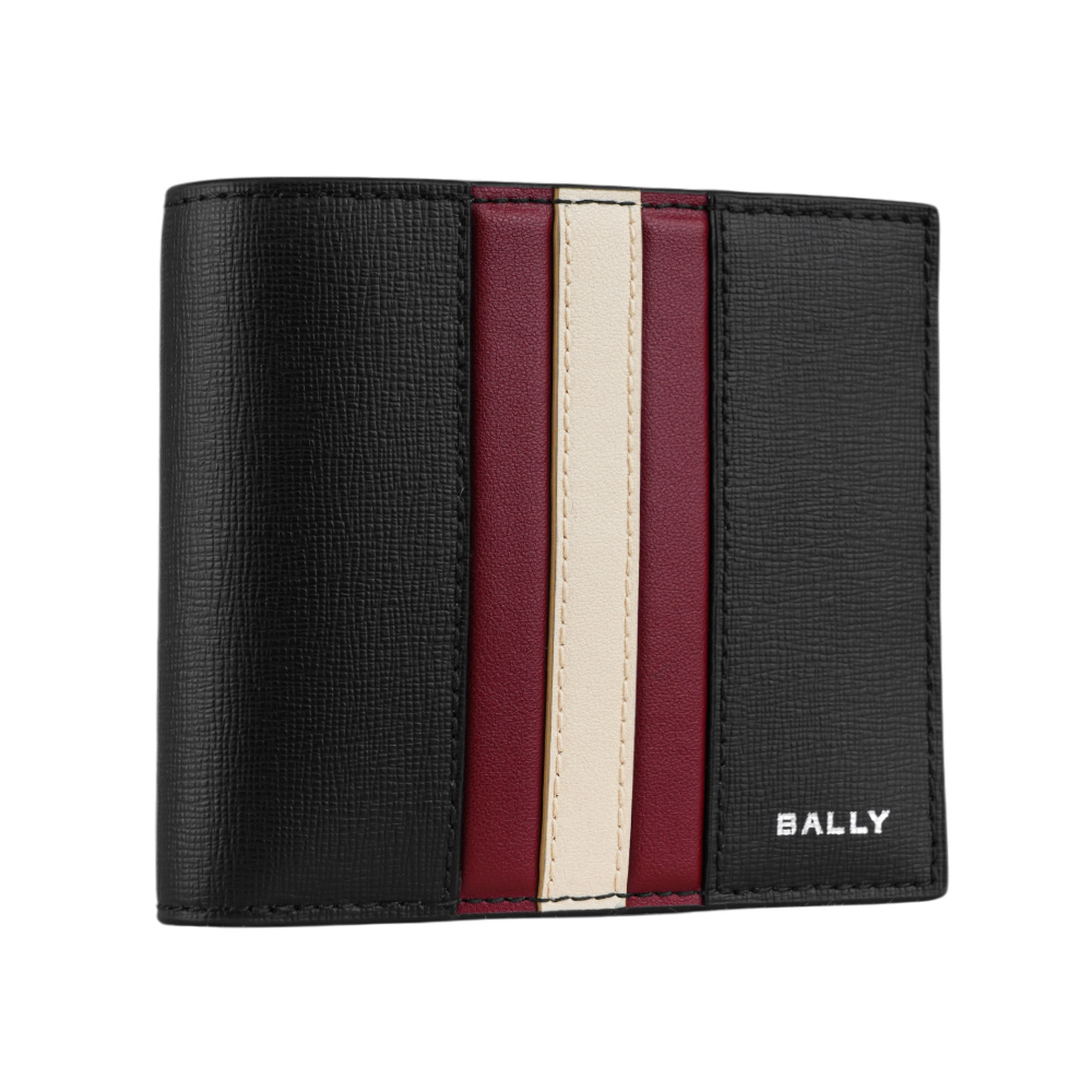 【BALLY】Mythos 紅白條紋再生牛皮對開零錢袋短夾(黑色) 6308579