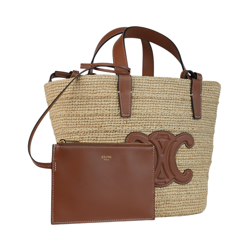 【CELINE】Teen Classic Panier 小牛皮標誌二用草編包(焦糖色) 115802FF7.04LU
