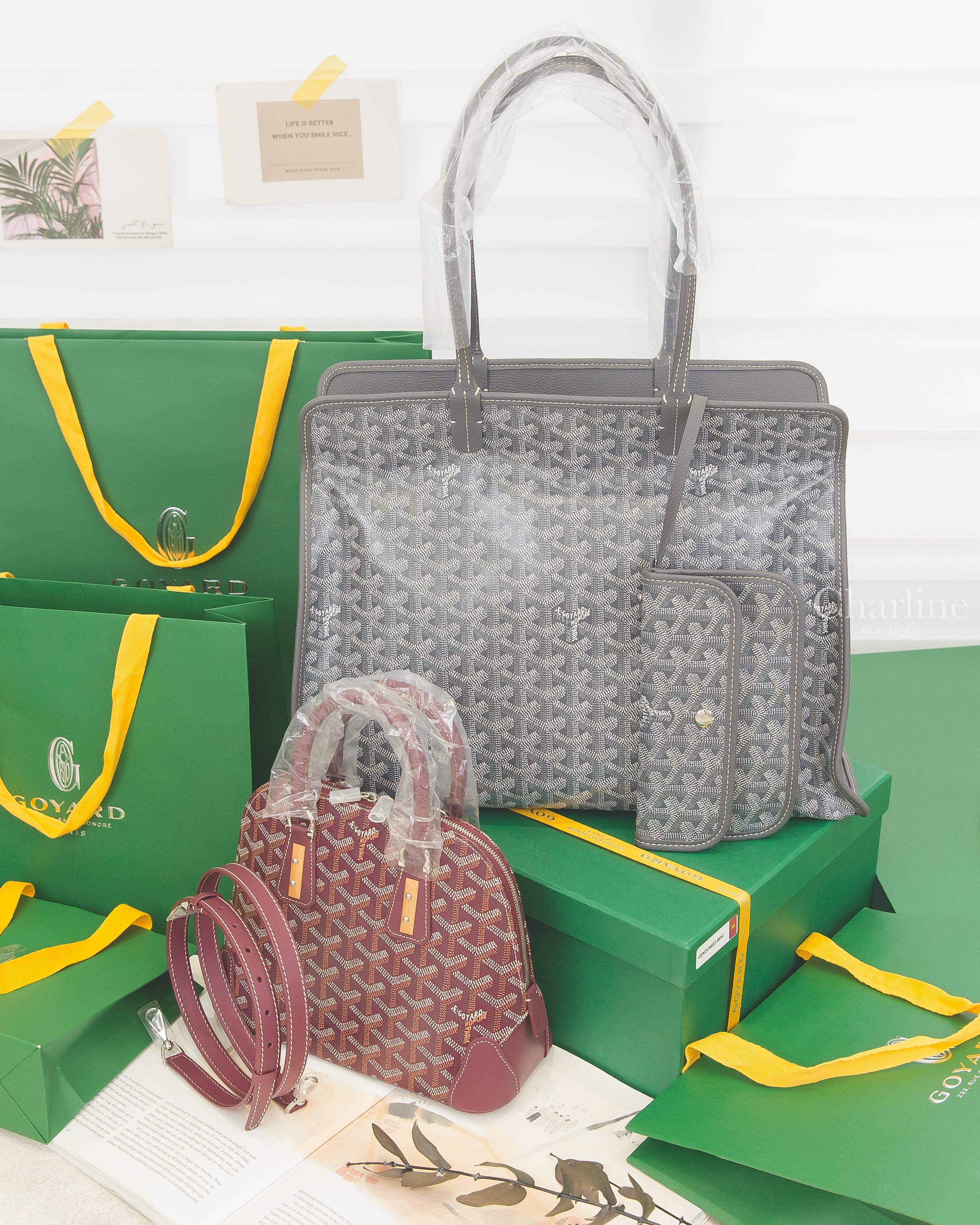 Goyard Vendôme Mini Bag 勃根地酒紅色帆布小牛皮同色提把木紋裝飾黃色內裡迷你拉鍊手提包,灰色帆布小牛皮同色提把小型拉鍊托特包,勃根地酒紅色皮革銀釦細版背帶-Charline Boutique 精品代購