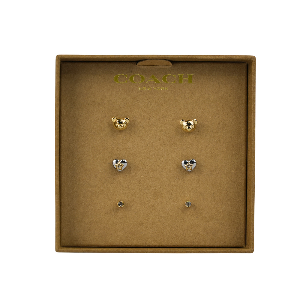 【COACH】泰迪熊/愛心/圓形玻璃水鑽造型耳環禮盒組(金色/銀色)CY114 A31