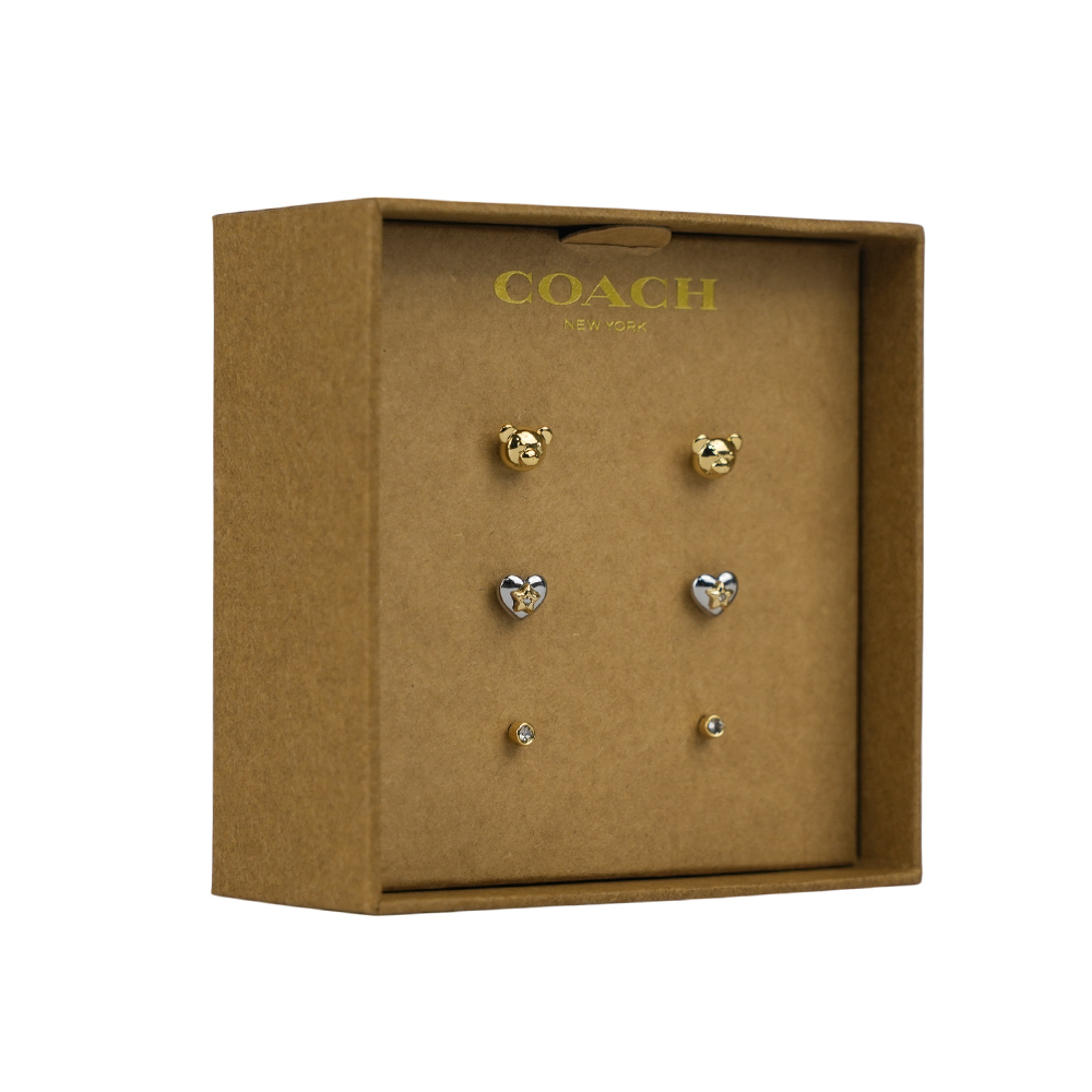 【COACH】泰迪熊/愛心/圓形玻璃水鑽造型耳環禮盒組(金色/銀色)CY114 A31