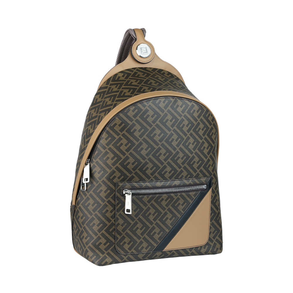 【FENDI】Diagonal 對角設計帆布及皮革中型拉鍊後背包(棕色) 7VZ076 A9XS F1IKC