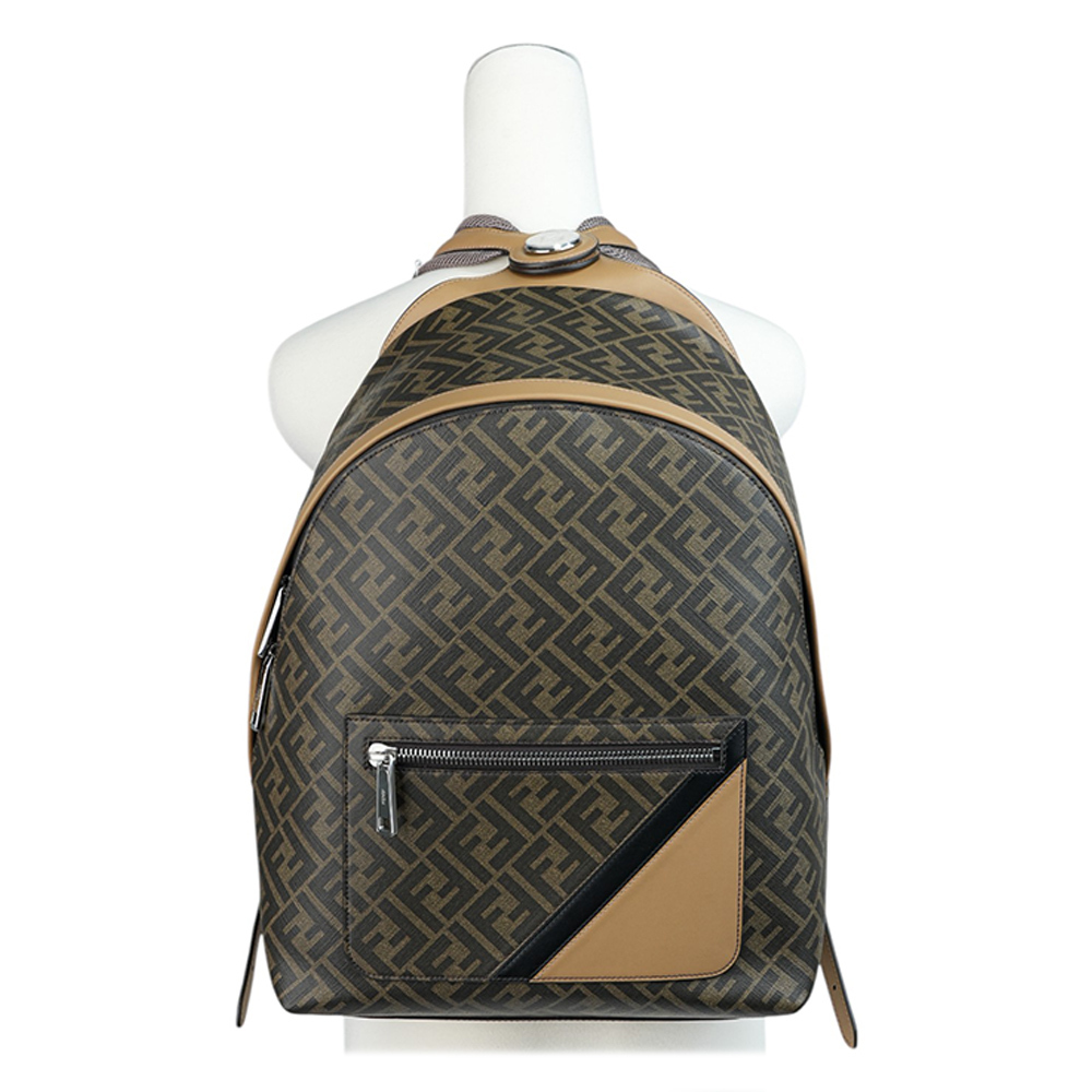 【FENDI】Diagonal 對角設計帆布及皮革中型拉鍊後背包(棕色) 7VZ076 A9XS F1IKC