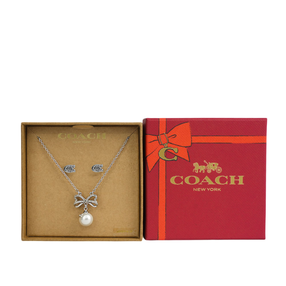 【COACH】C Logo 玻璃珍珠針式耳環+玻璃珍珠蝴蝶結項鍊飾品禮盒(銀色)