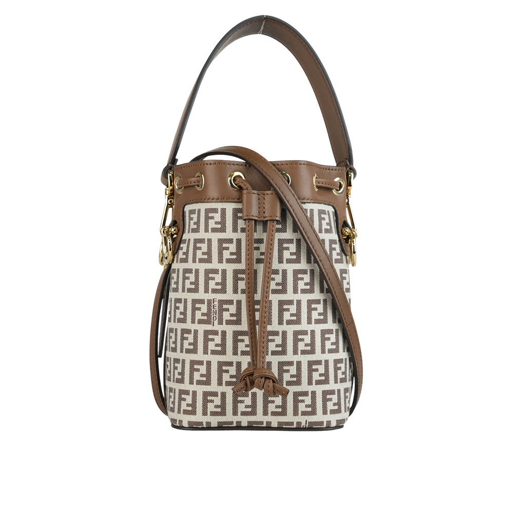 【FENDI】MON TRESOR FF LOGO 滿版標誌布質二用迷你水桶包(棕色) 8BS010 ARBN F1NXB