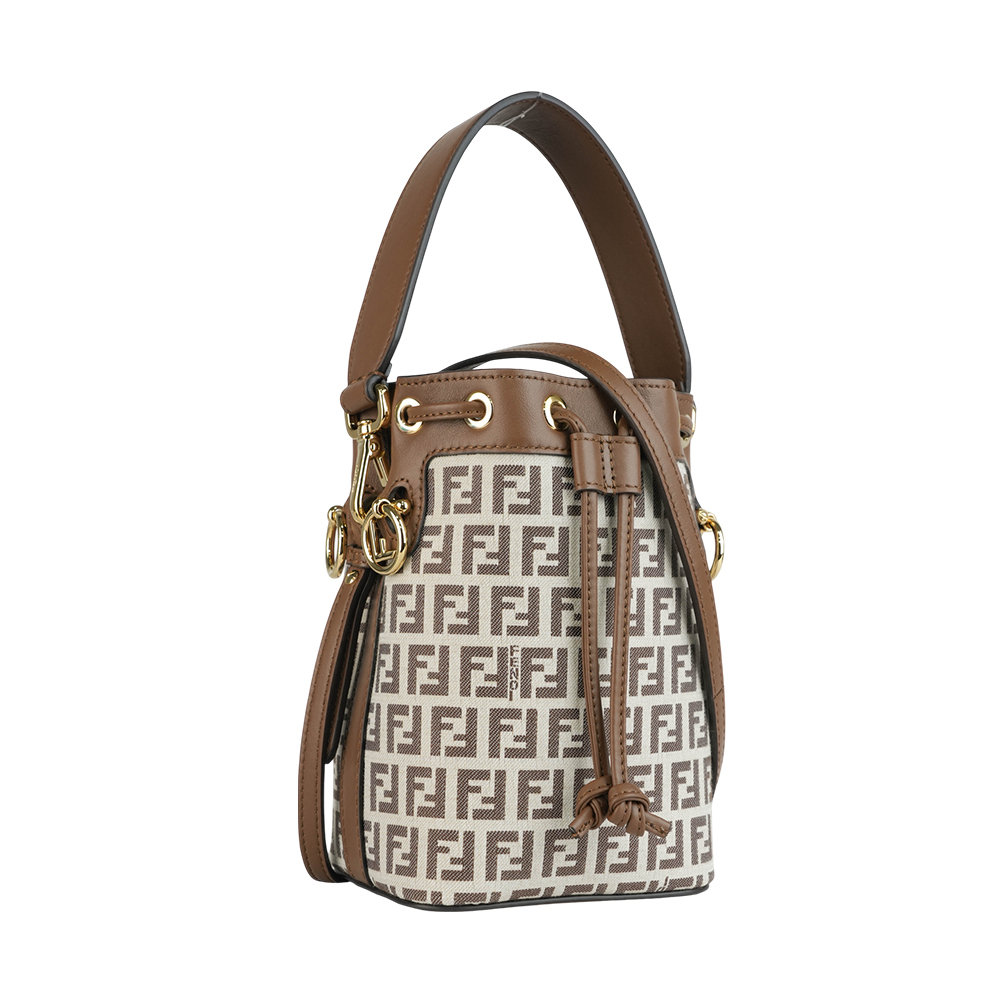 【FENDI】MON TRESOR FF LOGO 滿版標誌布質二用迷你水桶包(棕色) 8BS010 ARBN F1NXB