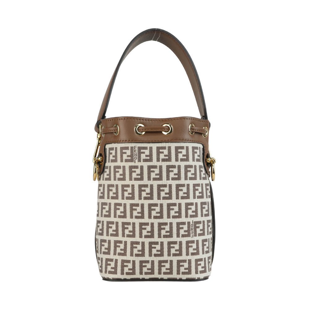 【FENDI】MON TRESOR FF LOGO 滿版標誌布質二用迷你水桶包(棕色) 8BS010 ARBN F1NXB