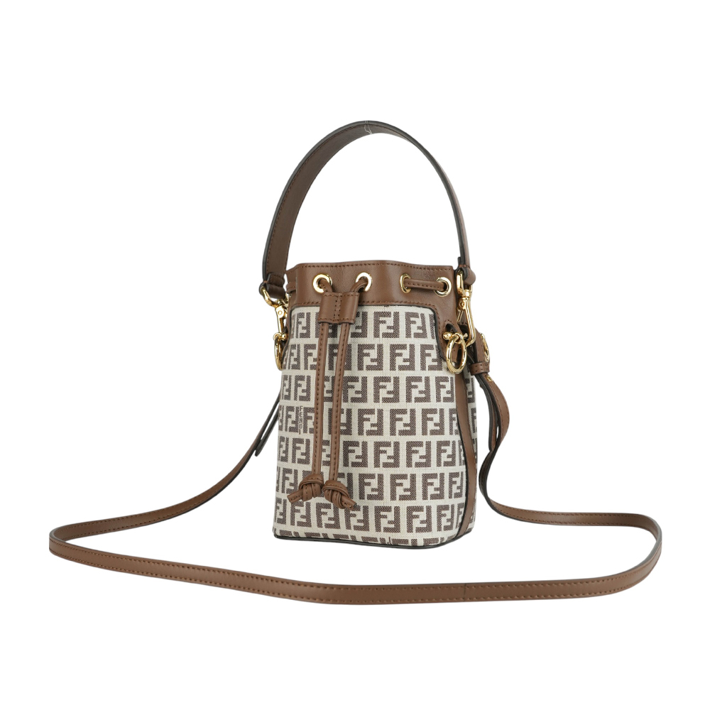 【FENDI】MON TRESOR FF LOGO 滿版標誌布質二用迷你水桶包(棕色) 8BS010 ARBN F1NXB