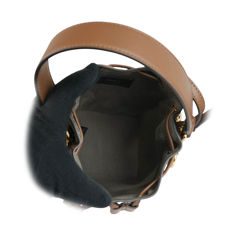 【FENDI】MON TRESOR FF LOGO 滿版標誌布質二用迷你水桶包(棕色) 8BS010 ARBN F1NXB