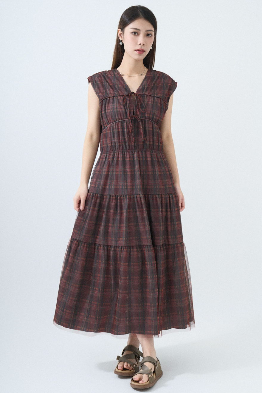 格紋雪紡綁繩領連身長裙 (現貨款式）
