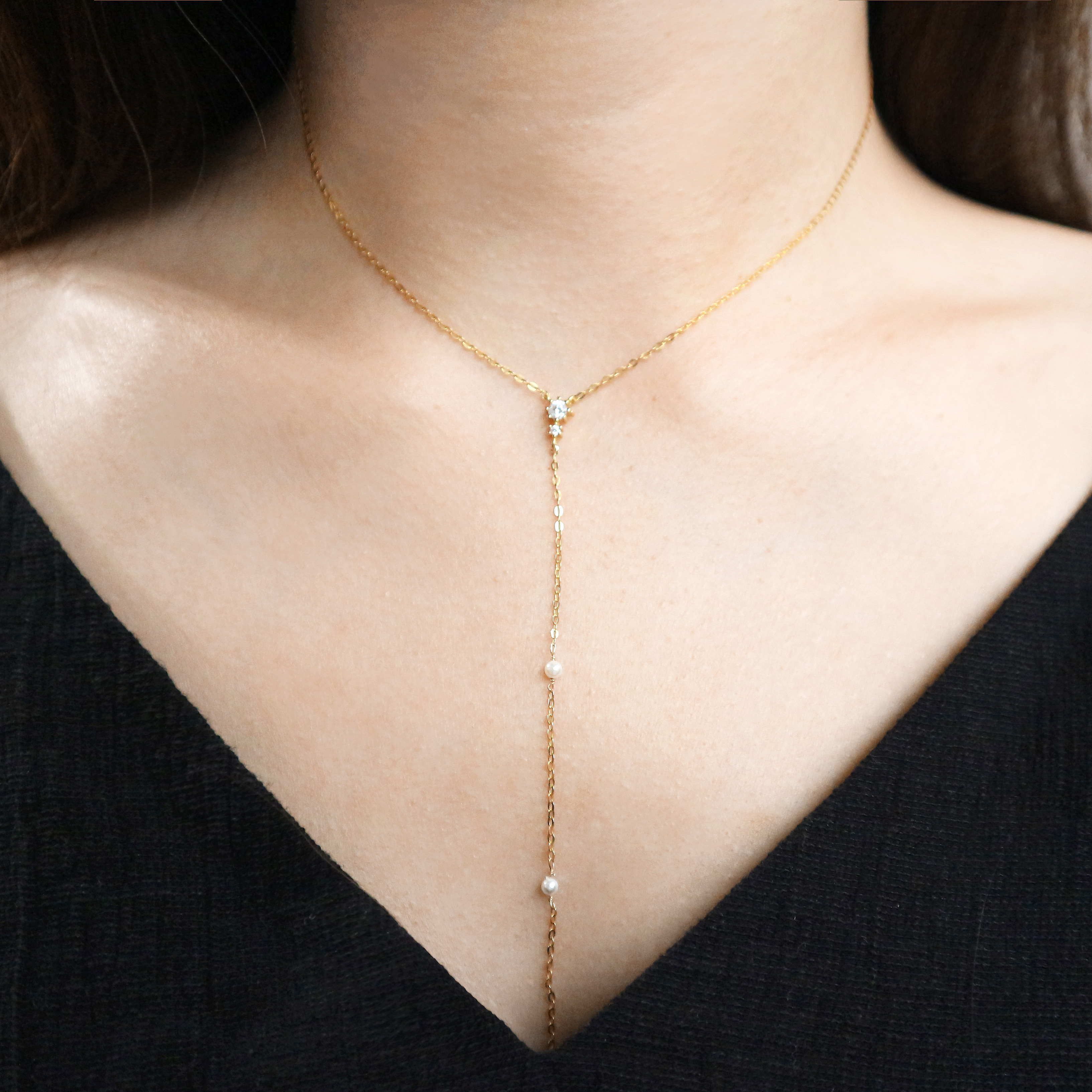 Y字鋯石珍珠垂墜長鍊-14K注金