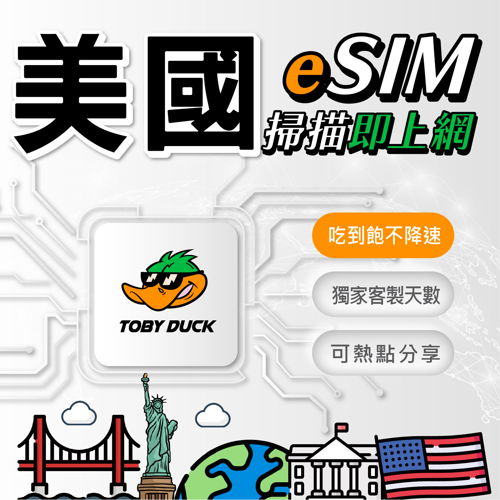 【鴨哥美國eSIM】美國eSIM卡 AT&T Verizon eSIM 紐約 洛杉磯 芝加哥 美國上網 美國網卡 無限吃到飽