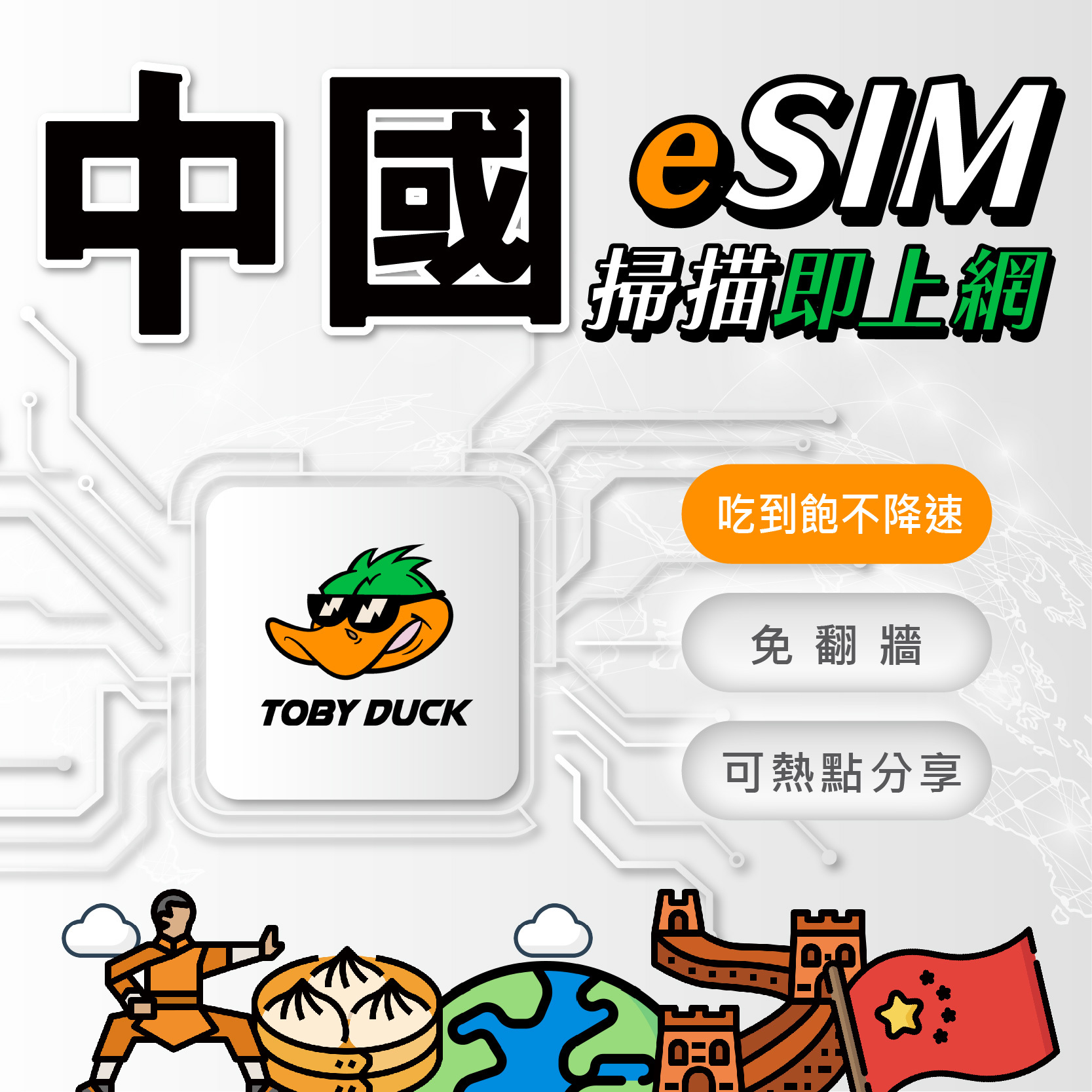 【鴨哥中國eSIM】中國吃到飽 免翻牆 中國移動 北京 上海 廈門 深圳 杭州 eSIM 4G網卡 中國網卡