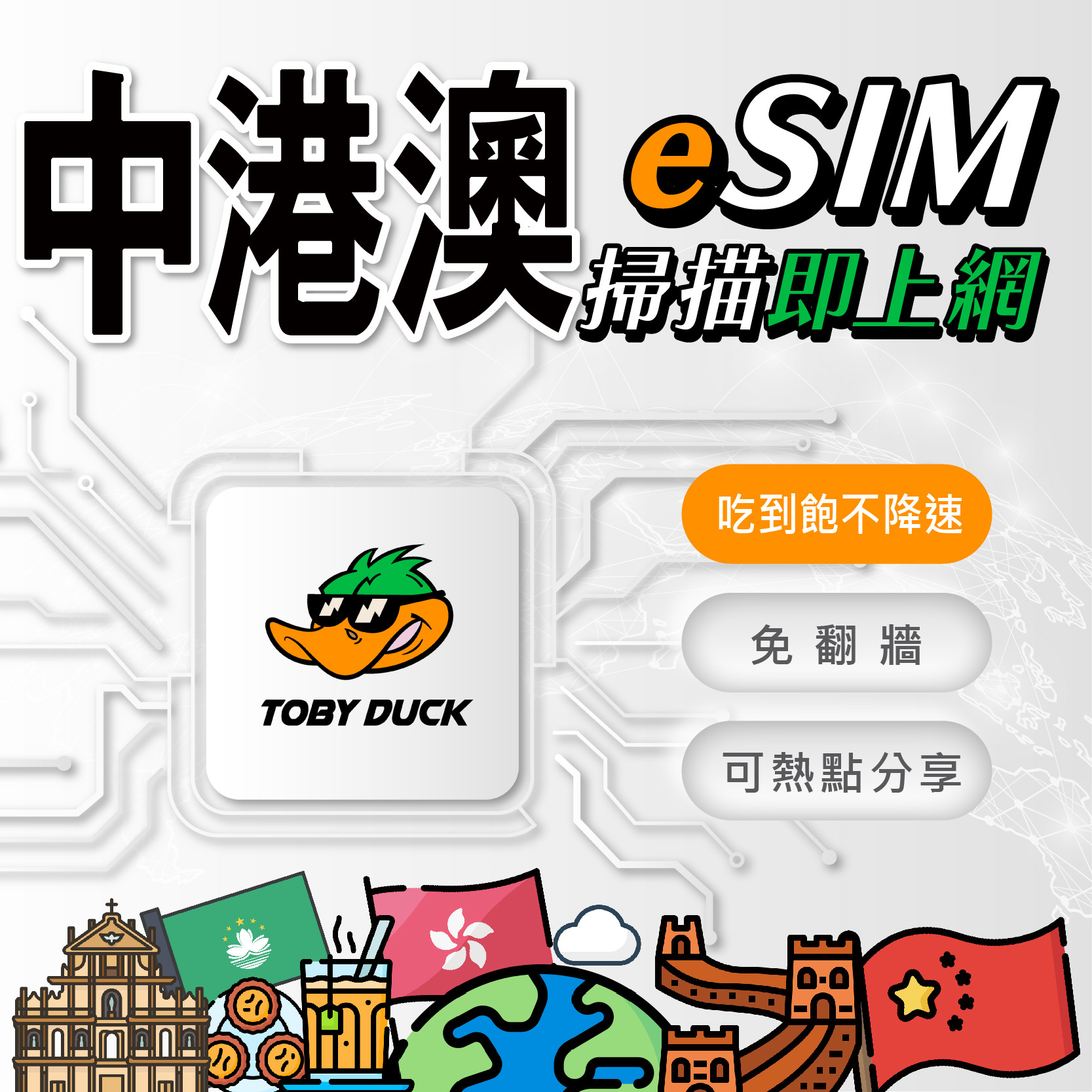 【鴨哥中港澳eSIM】中港澳eSIM卡  中國網卡 香港網卡 澳門網卡  中港澳全區 無限吃到飽