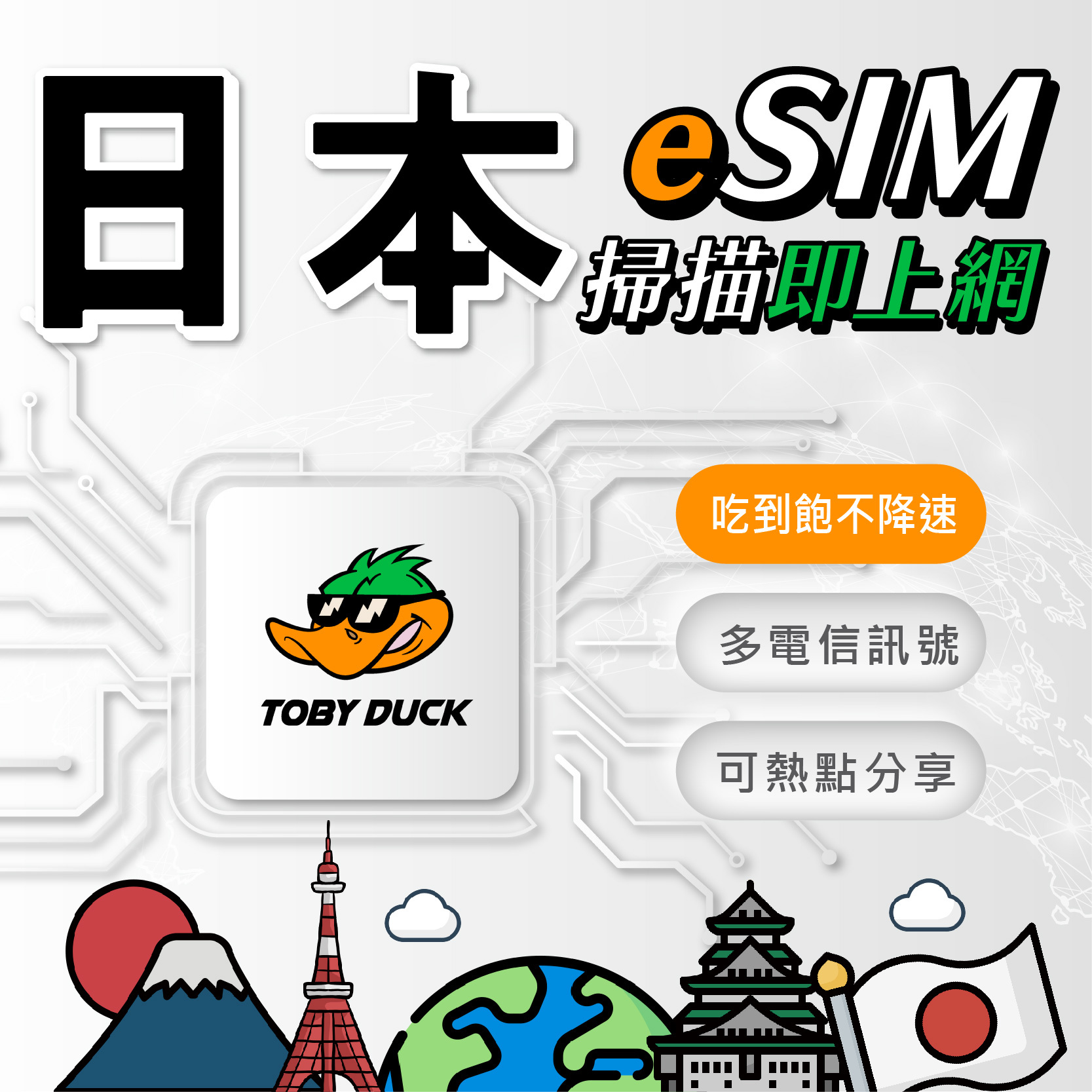【鴨哥日本eSIM】日本eSIM DOCOMO Softbank eSIM 日本網卡 東京 大阪 沖繩 北海道 日本全區 無限吃到飽