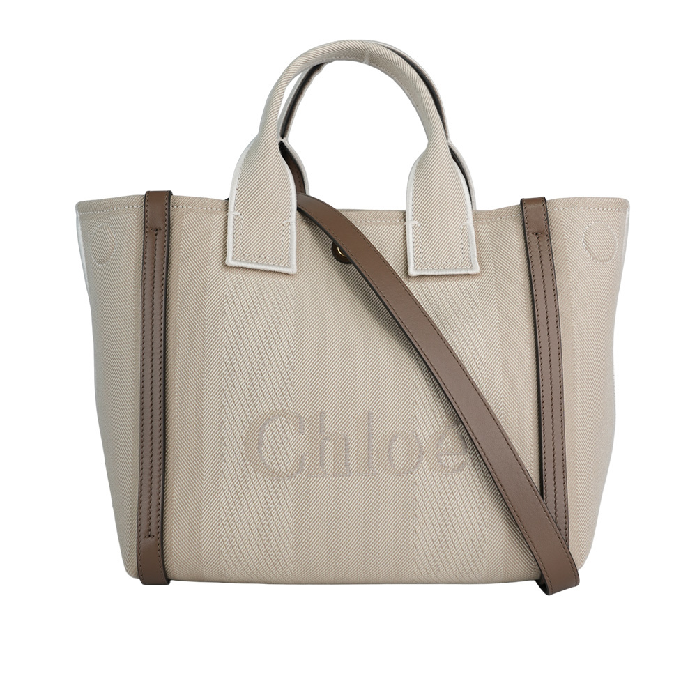【Chloe】Carry 刺繡標誌帆布小款手提/斜背二用托特包(米色) CHC25SS911O6523N