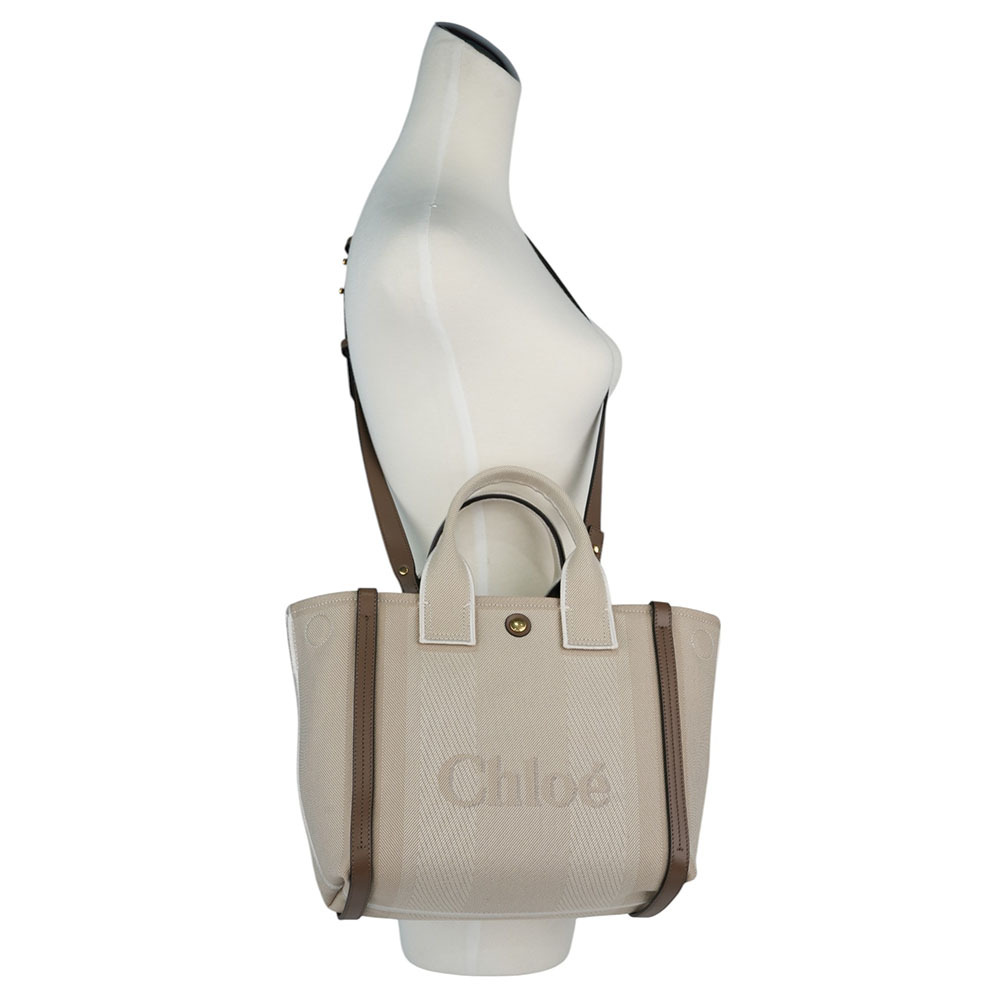 【Chloe】Carry 刺繡標誌帆布小款手提/斜背二用托特包(米色) CHC25SS911O6523N