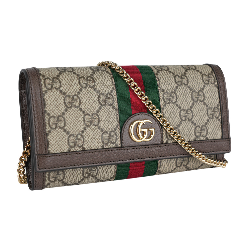 【GUCCI】Ophidia 塗層帆布及綠紅織帶皮夾式鍊包(米色/烏木色) 772309 96IWG 8745