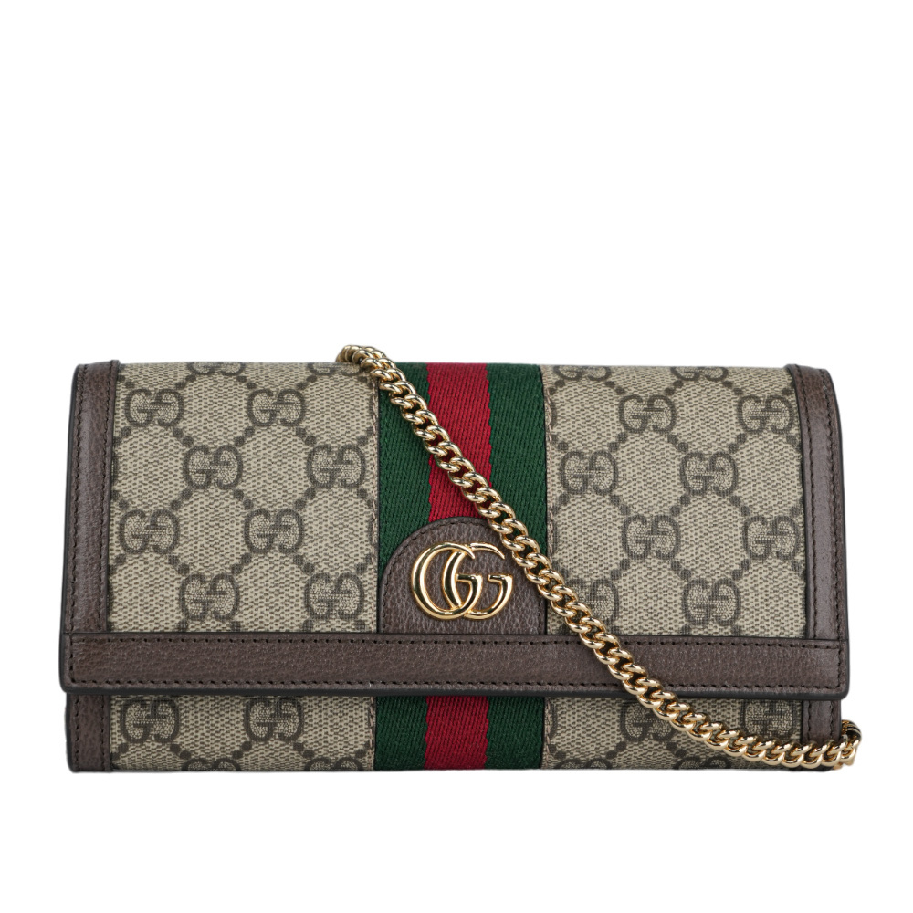 【GUCCI】Ophidia 塗層帆布及綠紅織帶皮夾式鍊包(米色/烏木色) 772309 96IWG 8745