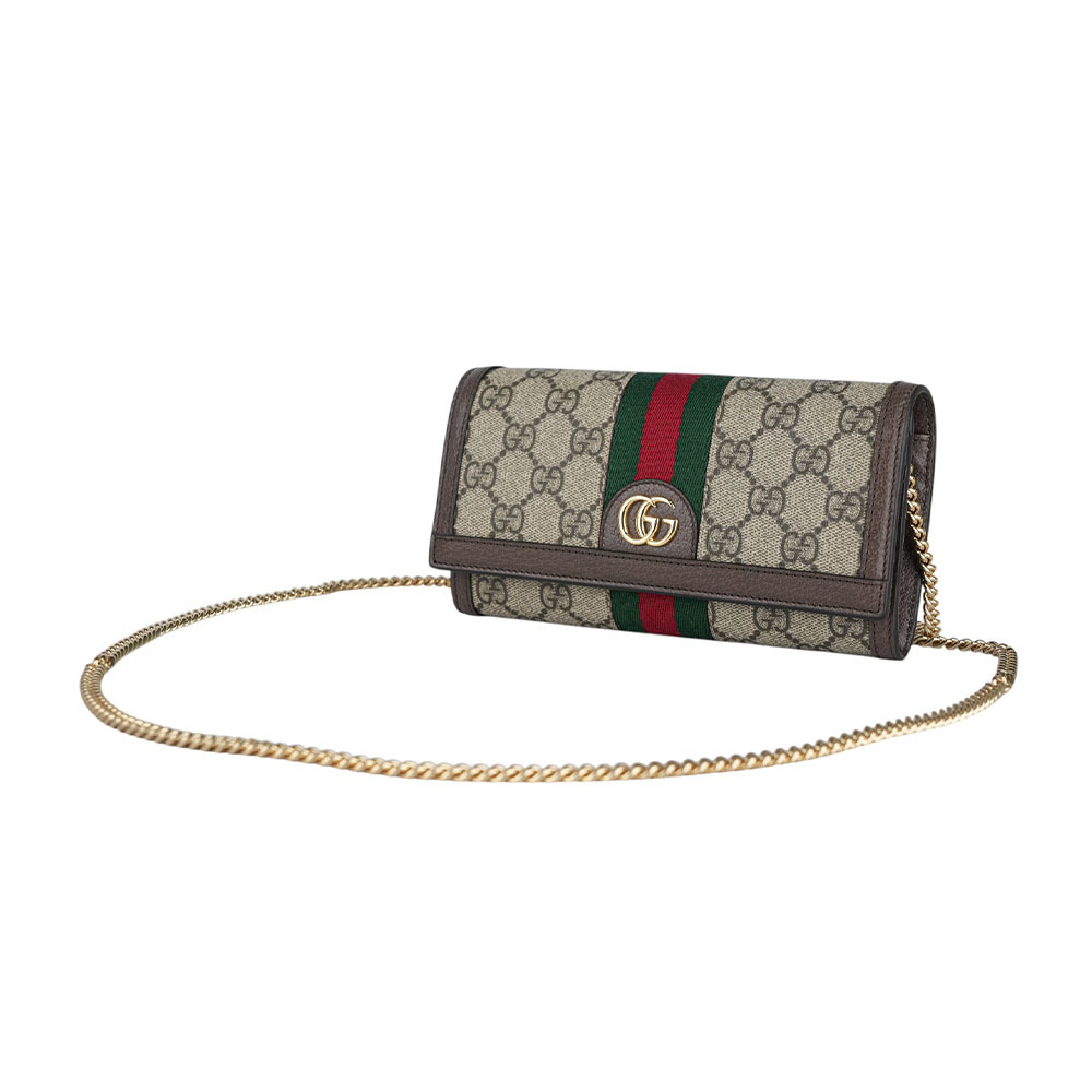 【GUCCI】Ophidia 塗層帆布及綠紅織帶皮夾式鍊包(米色/烏木色) 772309 96IWG 8745