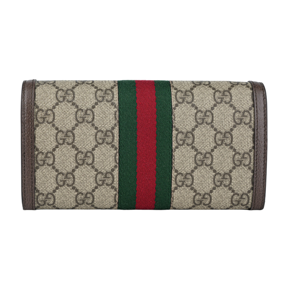 【GUCCI】Ophidia 塗層帆布及綠紅織帶皮夾式鍊包(米色/烏木色) 772309 96IWG 8745