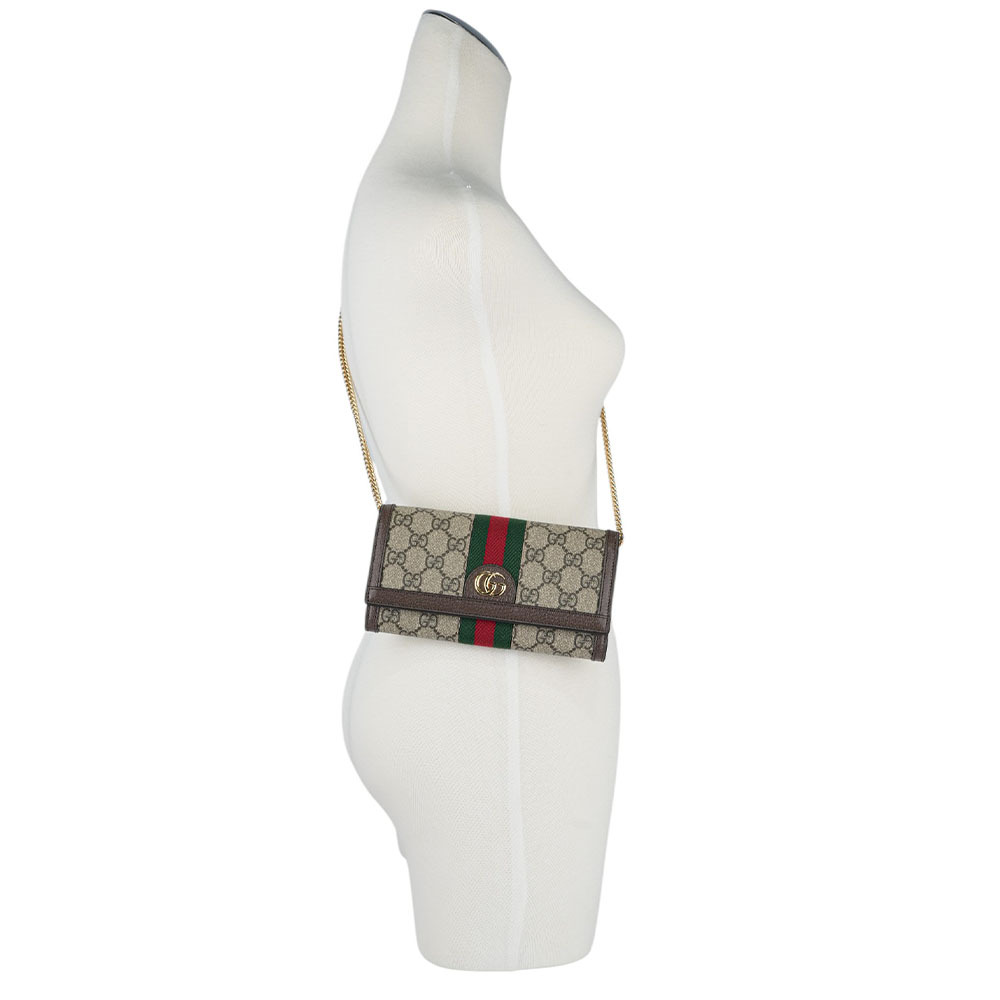 【GUCCI】Ophidia 塗層帆布及綠紅織帶皮夾式鍊包(米色/烏木色) 772309 96IWG 8745