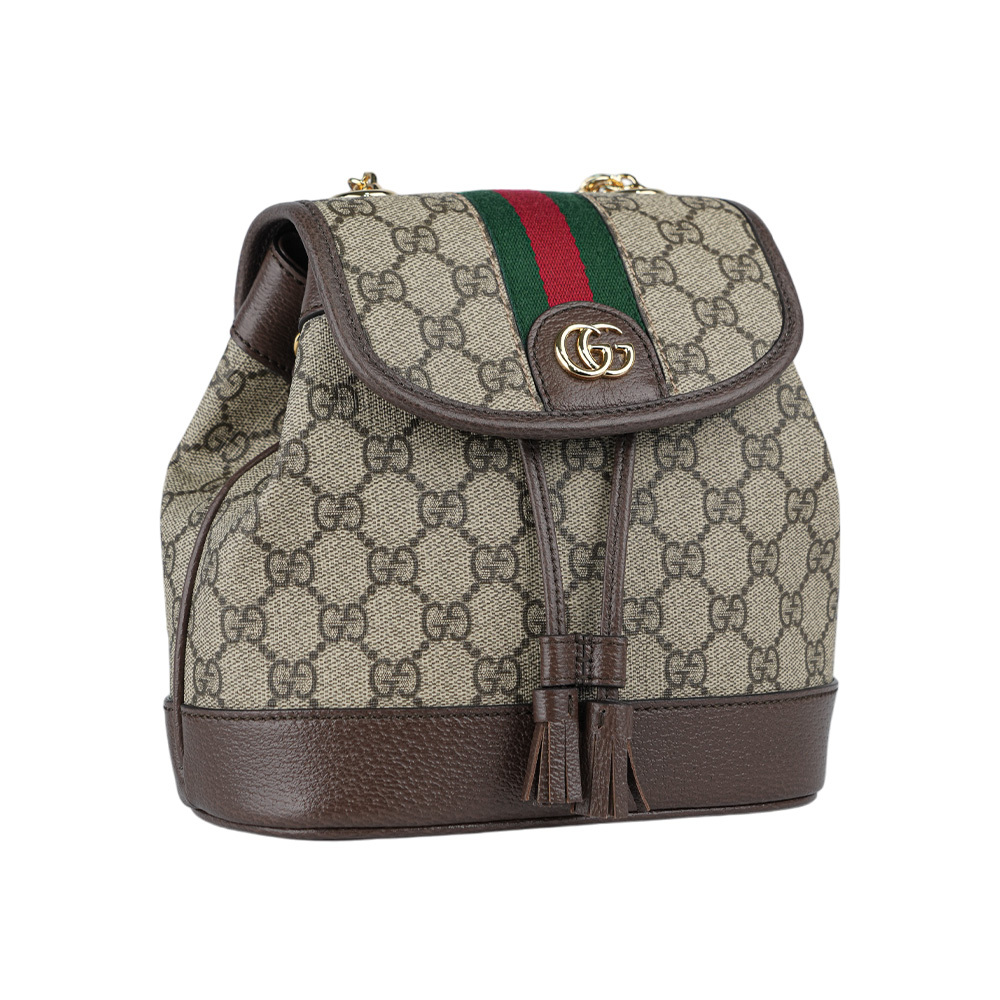 【GUCCI】Ophidia 塗層帆布及綠紅織帶束口迷你後背包(米色/烏木色) 795221 96IWG 8745