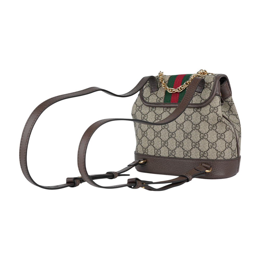 【GUCCI】Ophidia 塗層帆布及綠紅織帶束口迷你後背包(米色/烏木色) 795221 96IWG 8745