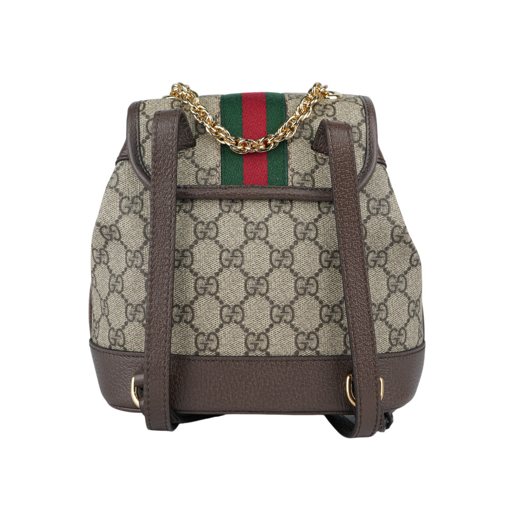 【GUCCI】Ophidia 塗層帆布及綠紅織帶束口迷你後背包(米色/烏木色) 795221 96IWG 8745