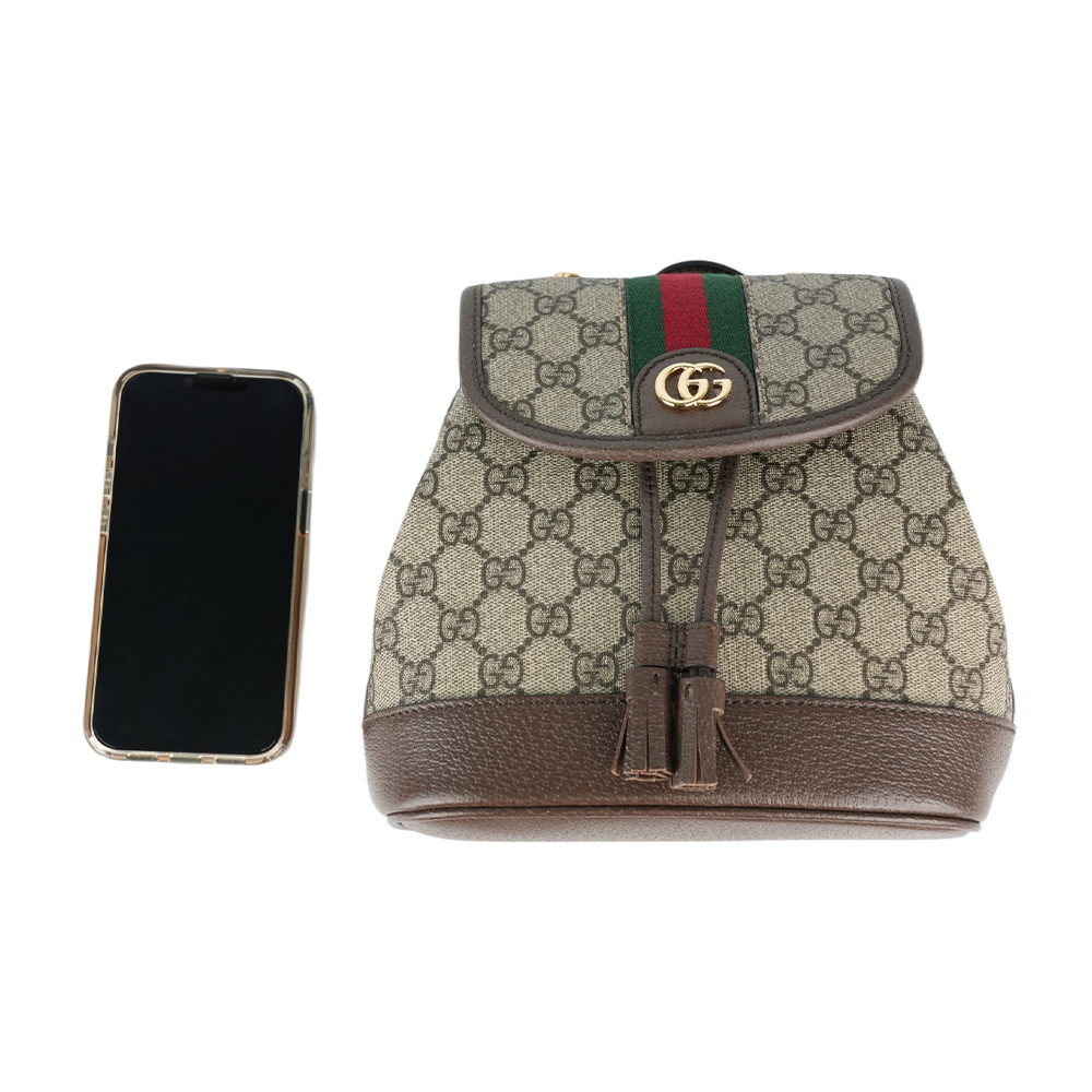 【GUCCI】Ophidia 塗層帆布及綠紅織帶束口迷你後背包(米色/烏木色) 795221 96IWG 8745