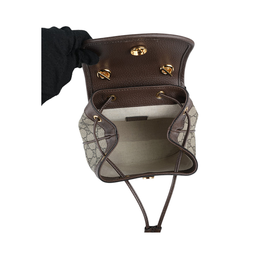 【GUCCI】Ophidia 塗層帆布及綠紅織帶束口迷你後背包(米色/烏木色) 795221 96IWG 8745