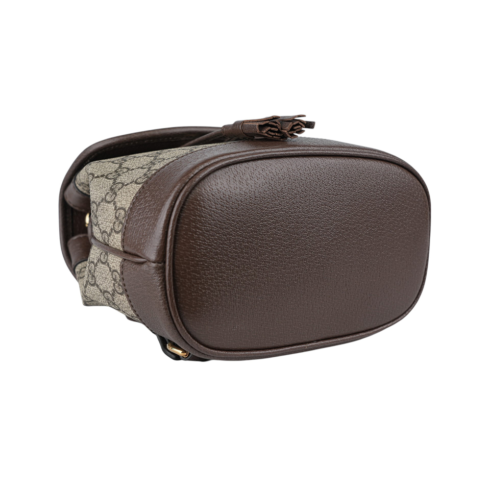 【GUCCI】Ophidia 塗層帆布及綠紅織帶束口迷你後背包(米色/烏木色) 795221 96IWG 8745