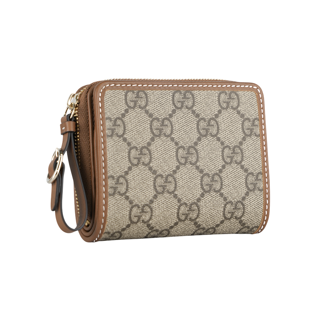 【GUCCI】GG Emblem 塗層帆布及皮革迷你拉鍊零錢袋短夾(米色/棕色) 819131 FAD6L 9758
