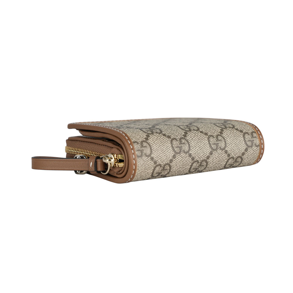 【GUCCI】GG Emblem 塗層帆布及皮革迷你拉鍊零錢袋短夾(米色/棕色) 819131 FAD6L 9758