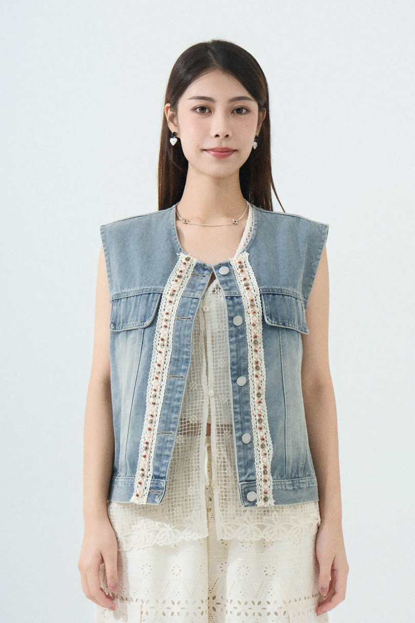 民族花邊圓領牛仔背心外套 (現貨款式）