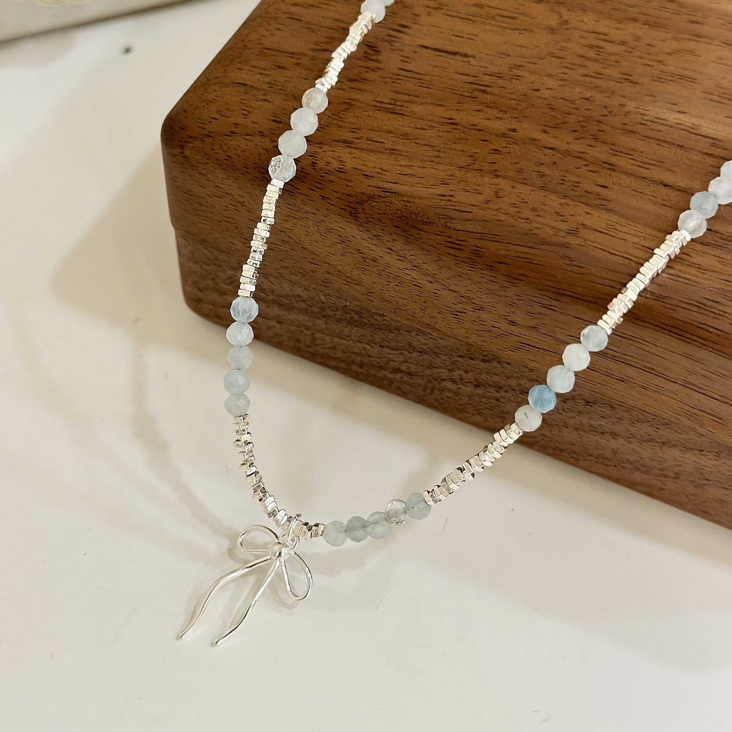 Y57碎銀水晶蝴蝶結純銀鎖骨鏈