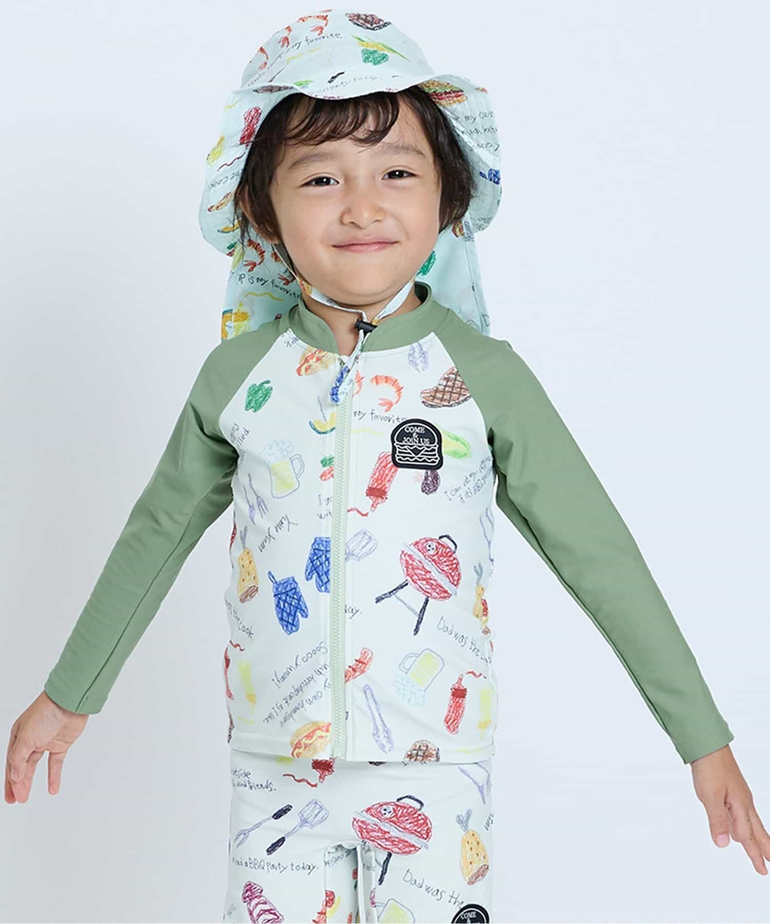 日本F.O.KIDS 可愛手繪 BBQ 抗UV長袖泳衣套裝/泳褲 (共2色，100-110跟130) B276015